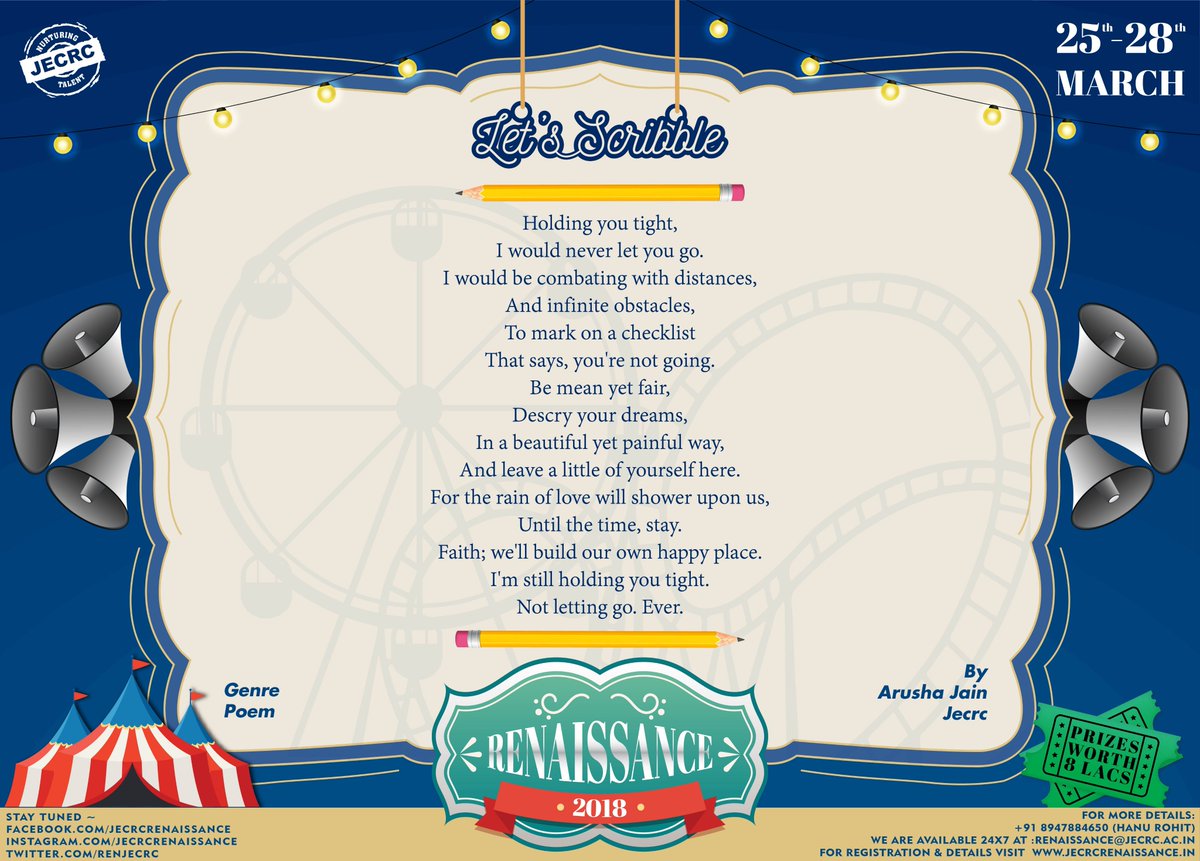 renjecrc's tweet image. Lets Scribble Post #3
Arusha Jain
JECRC College
To participate in #ren18 Lets scribble, mail us your video at media@jecrc.ac.in and get a chance to win cash prize of ₹1500!