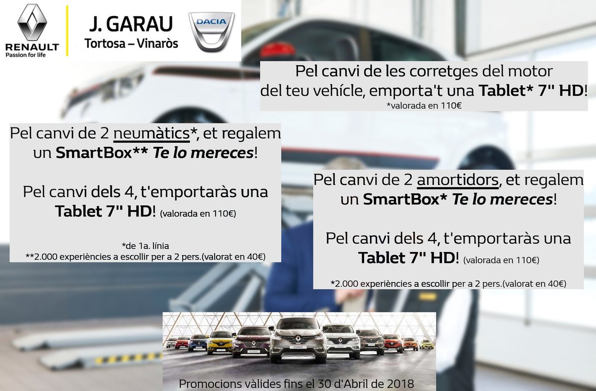 Vine a <a href="/RenaultJGARAU/">Renault J.GARAU</a> per mantenir el teu vehicle sempre en les millors condicions!
Ara, i fins el 30 d'abril, gaudeix de les noves promocions dels nostres tallers de #Tortosa i #Vinaròs!