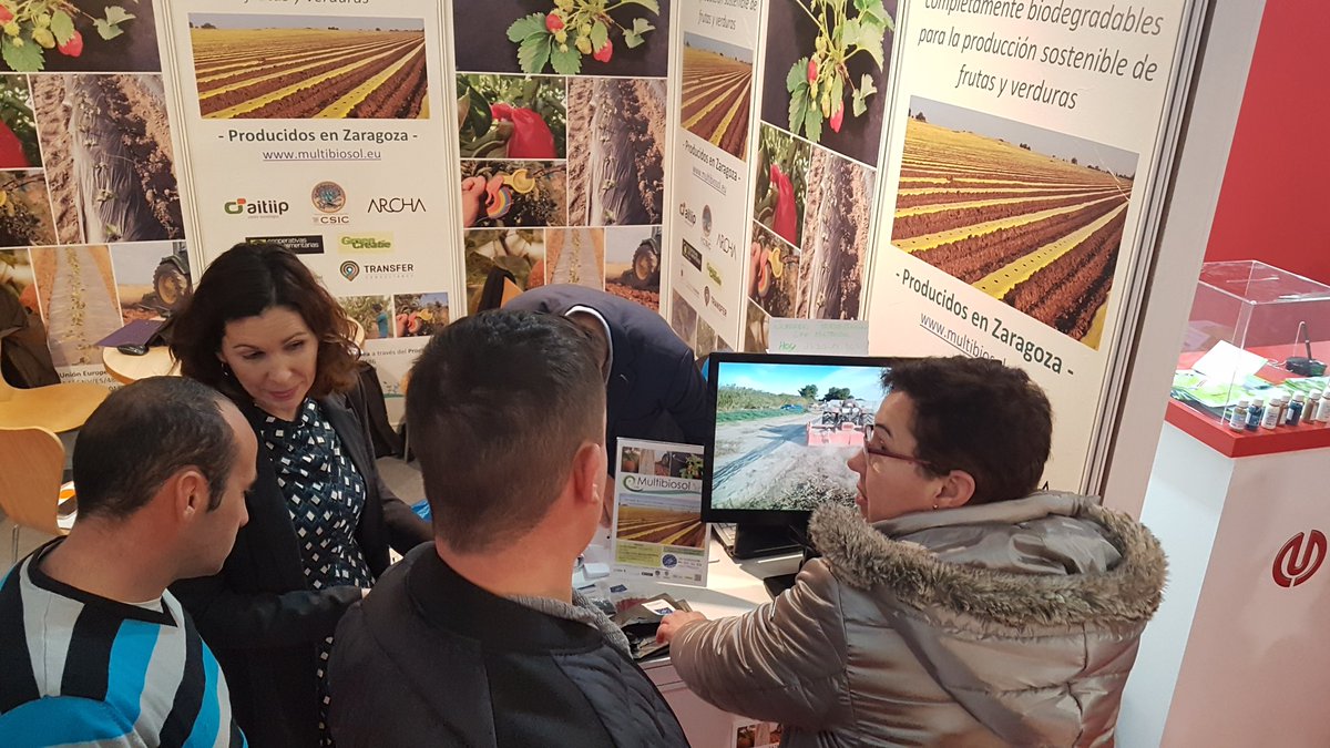 transfer_spain's tweet photo. Busy today at @fima_agricola with lots of interest for our biodegradable plastic mulching film #LifeMultibiosol. Colleagues of @PCTAD and @EEAD_CSIC supporting dissemination! https://t.co/w0DuCtO4Xa