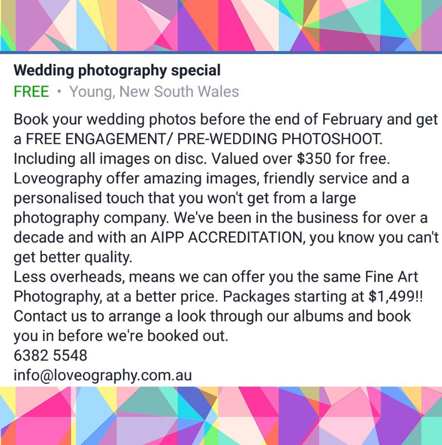 AdelePardy's tweet photo. Free engagement shoot when you book your wedding in before the end of February!
#wedding #weddingplanning #weddingphotographer #weddingphoto #greatdeal #savemoney #Loveography #adelepardy #AUS https://t.co/pv2Y2zfuua