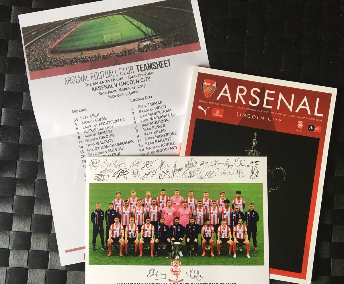 WIN this teamsheet, programme and signed photo print from the FA Cup quarter-final Arsenal vs Lincoln City at our event on Friday! 

10-4 outside the library! 

<a href="/CNLincolnSU/">Campaigns Network</a> <a href="/LincSport/">LincSport</a> <a href="/LincolnSportEx/">Sport Science at Lincoln</a> <a href="/ULSU_Activities/">ULSU VP Activities</a> 

Huge thanks to <a href="/lincolncity/">Lincoln City</a> for your generous donation!