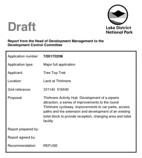 WOW <a href="/lakedistrictnpa/">Lake District</a> have just released their draft report to the Development Control Committee. They recommended a REFUSE on many grounds! This is a huge result, to block a <a href="/TreetopTrekUK/">Treetop Trek & Nets</a> attempt to re-submit the application at #Thirlmere at a later date. lakedistrict.gov.uk/swiftlg/MediaT…