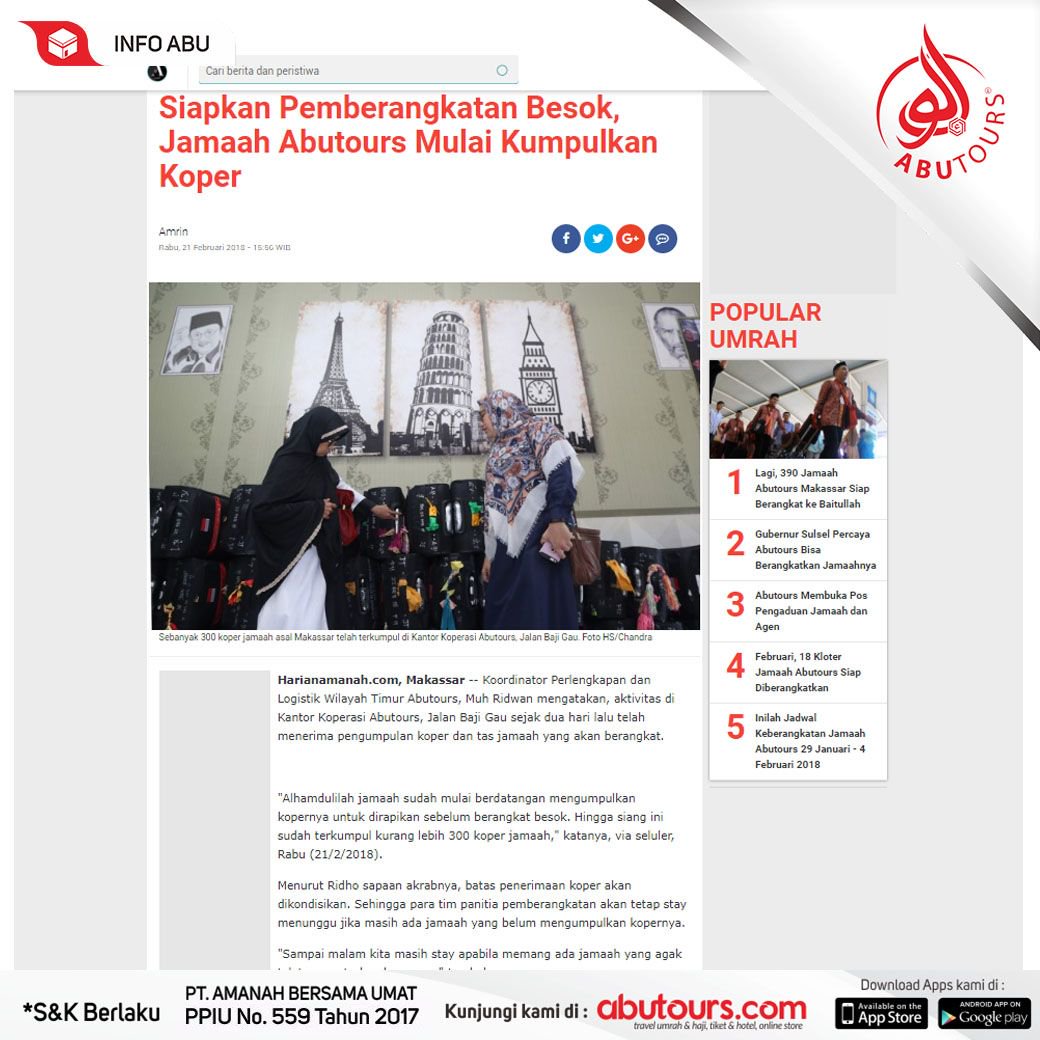 Siapkan Pemberangkatan Besok, Jamaah Abutours Mulai Kumpulkan Koper 

Baca selengkapnya : harianamanah.com/berita-siapkan…

Kami percaya insyaAllah #SemuaBisaUmroh, Karena umroh bersama kami #LebihDariSekedarNikmatnyaIbadah