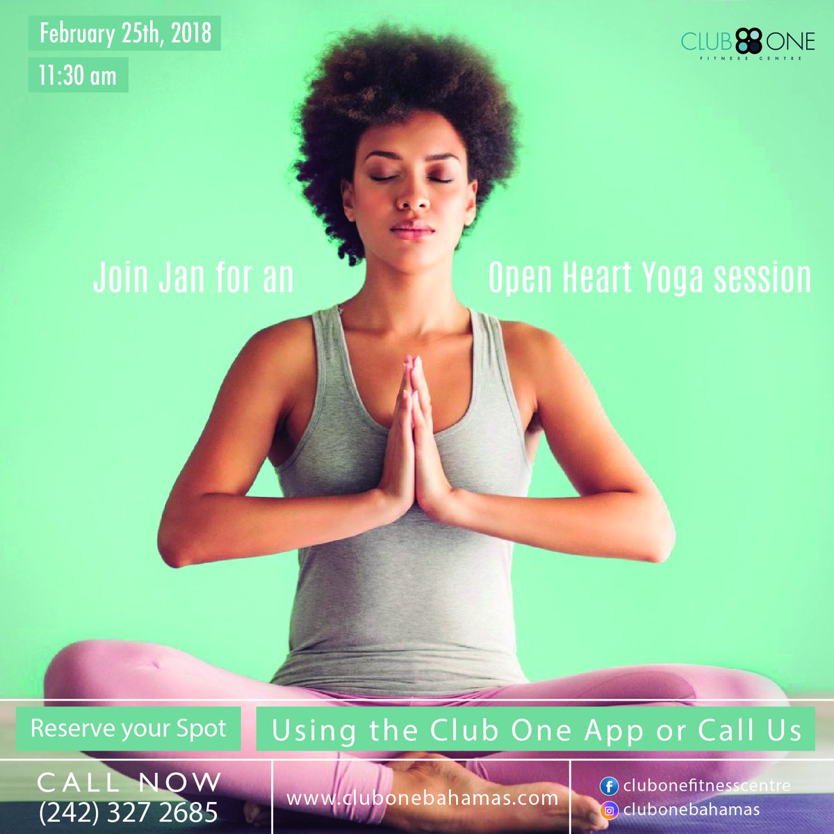 ClubOneBahamas's tweet image. You are one class away from a good mode. Join Jan February 25, 2018 for a Open heart yoga practice that will uplift you mind and energize your soul!
#clubonebahamas #clubonefitnesscentre #OneMovement #fitness #yoga