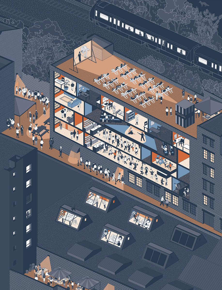 Our exhibition, 'Place, Spaces, Work: The Creative Industries in London' will open tomorrow, 10 Clerkenwell Green, until 2 March publica.co.uk/news
Day and night-time drawings of Bussey Building, Peckham show diversity of uses
#creativeindustries #adaptivereuse #repurposing