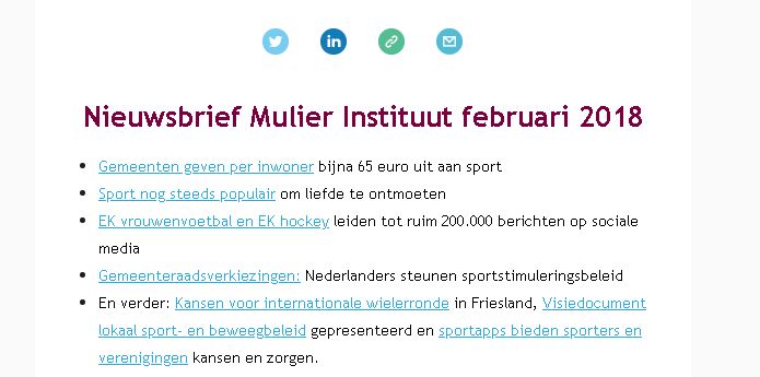 Nieuwsbrief <a href="/mulierinstituut/">Mulier Instituut</a> met o.a. gemeentelijke uitgaven aan sport, liefde door de sport en sport in de gemeenteraadsverkiezingen bit.ly/NieuwsbriefMI-…