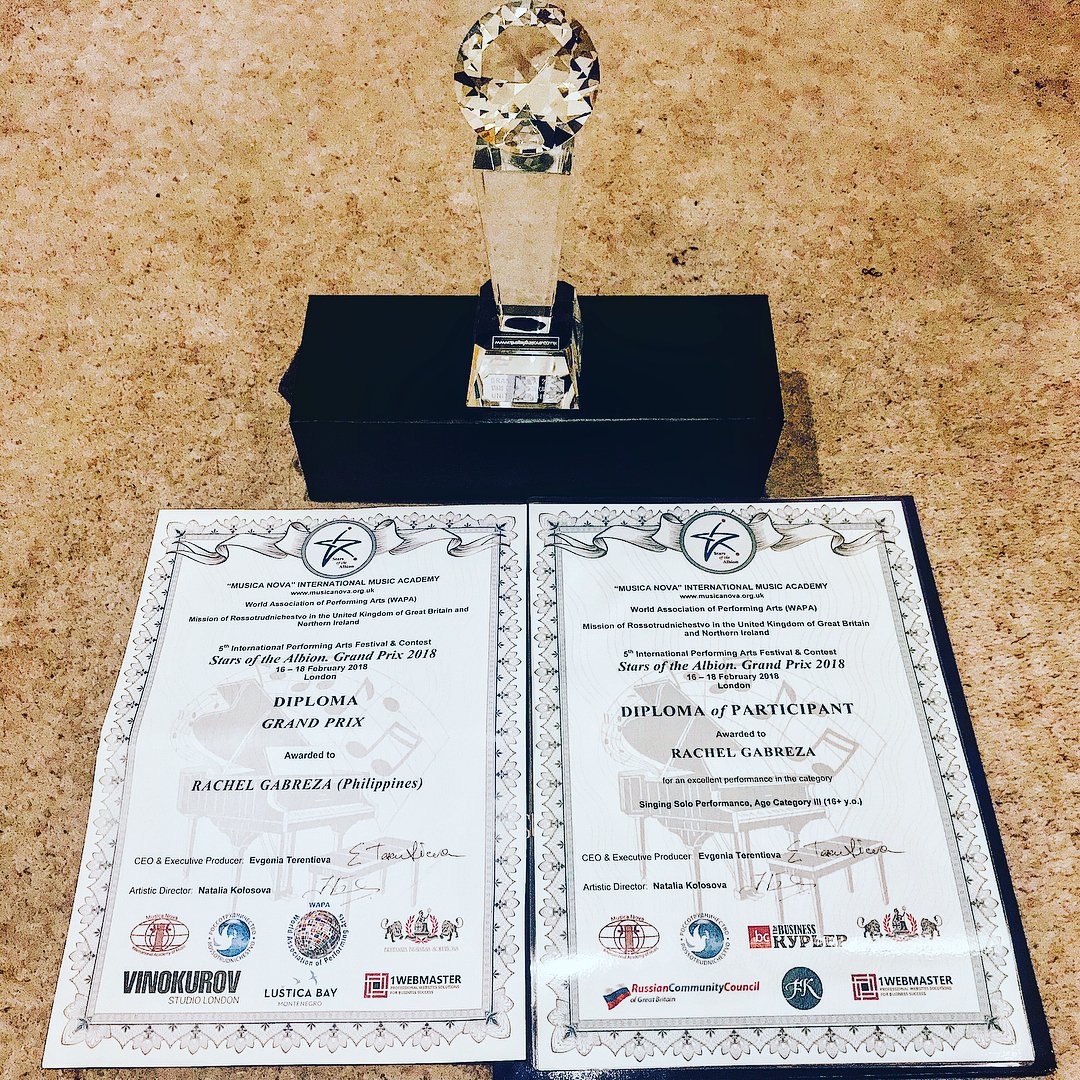 WinRadioPH915's tweet photo. #ininini: Nanalo ng grand prize sa Albion Grand Prix 2018 competition sa London ang dating finalist ng "WIN BIG Radio Singing Talent Search" at "Tawag ng Tanghalan" na si Rachel Gabreza.

Courtesy: @ragabreza18 IG account https://t.co/5MLJTUylkM