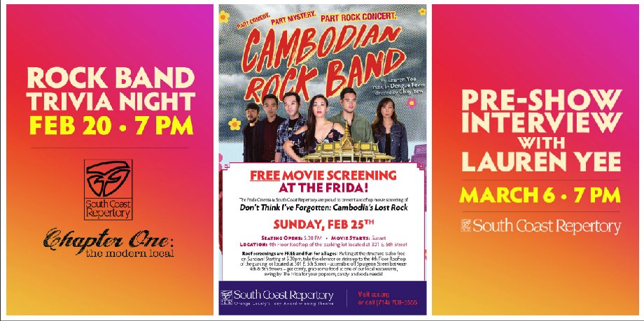 SouthCoastRep's tweet photo. Join us for a #CambodianRockBand special event! The next one is a free screening of the film DON'T THINK I'VE FORGOTTEN (Cambodia's Lost Rock and Roll) this Sunday at @TheFridaCinema. https://t.co/x8IGizKPuY https://t.co/OMiLBZw4MU