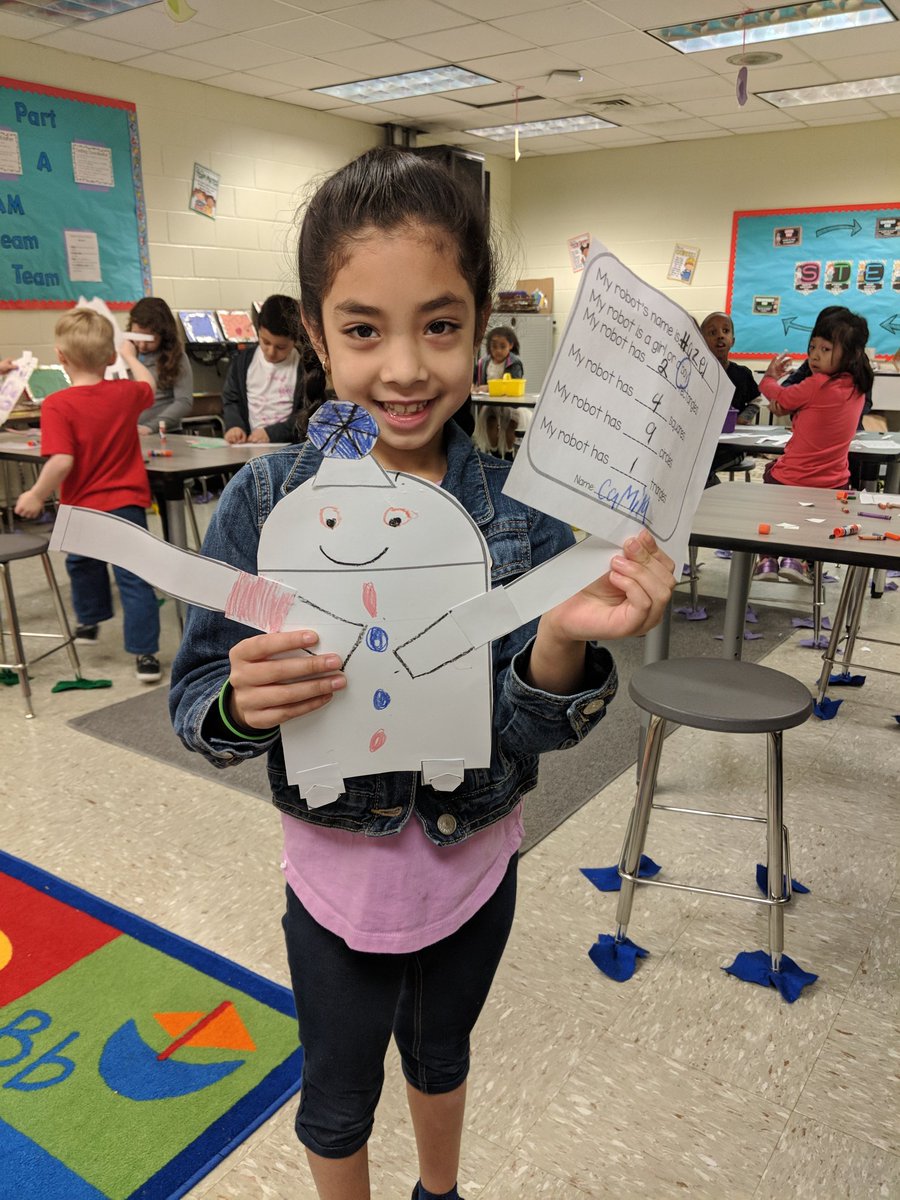 MelodyLocher's tweet photo. 1st graders made robots using shapes they know! #oneccps  @gradetchr  @HopkinsRoadES  #STEAM https://t.co/hGF6aYVe7U