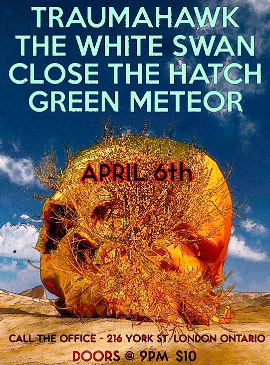 Our first (and hell, maybe only) show of 2018. April 6th @ <a href="/CallTheOffice/">Call The Office</a> with our pals <a href="/WhiteSwanband/">The White Swan</a>, <a href="/CloseTheHatch/">Close The Hatch</a> (Ohio) &amp; Green Meteor (Pennsylvania)
Come on out, or don’t.