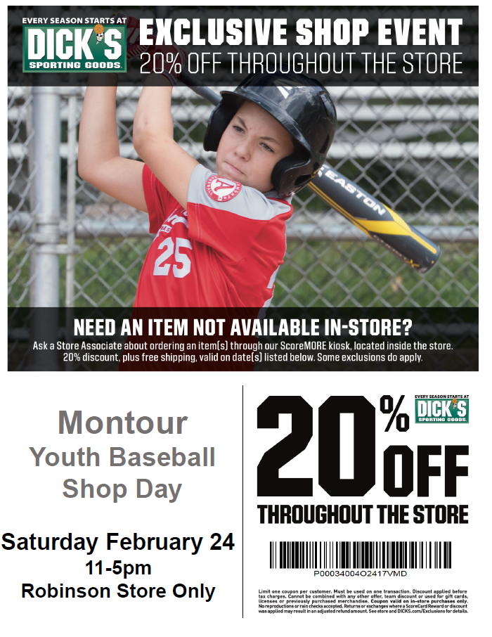 Romantik lindring immunisering Montour Youth Baseball on Twitter: "The Montour Youth Baseball Dicks  Sporting Goods Coupon Day is Saturday February 24th from 11am-5pm at  Robinson Mall! 20% of most items. Go to https://t.co/RWN3olN5QC for your