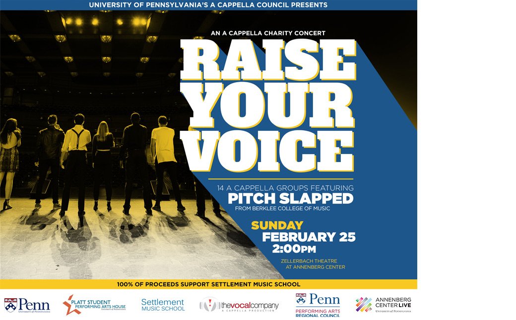 We’re proud to help sponsor and host this great event! On 2/25, come enjoy 14 <a href="/Penn/">Penn</a> a cappella groups and special guest <a href="/PitchSlapped/">Pitch Slapped</a>, all in support of <a href="/SettlementMusic/">Settlement Music School</a>. Get your tickets now: bit.ly/2GvTN8Q