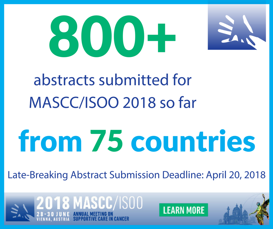 CancerCareMASCC's tweet photo. #MASCC18 has received over 800 abstract submissions from 75 countries so far.
Late-breaking abstract submission is open! Send your research today and present  to an audience of specialists in #SuppOnc.
Deadline: April 20, 2018 https://t.co/XEVSBZWHwh https://t.co/pmV6VUMI2u