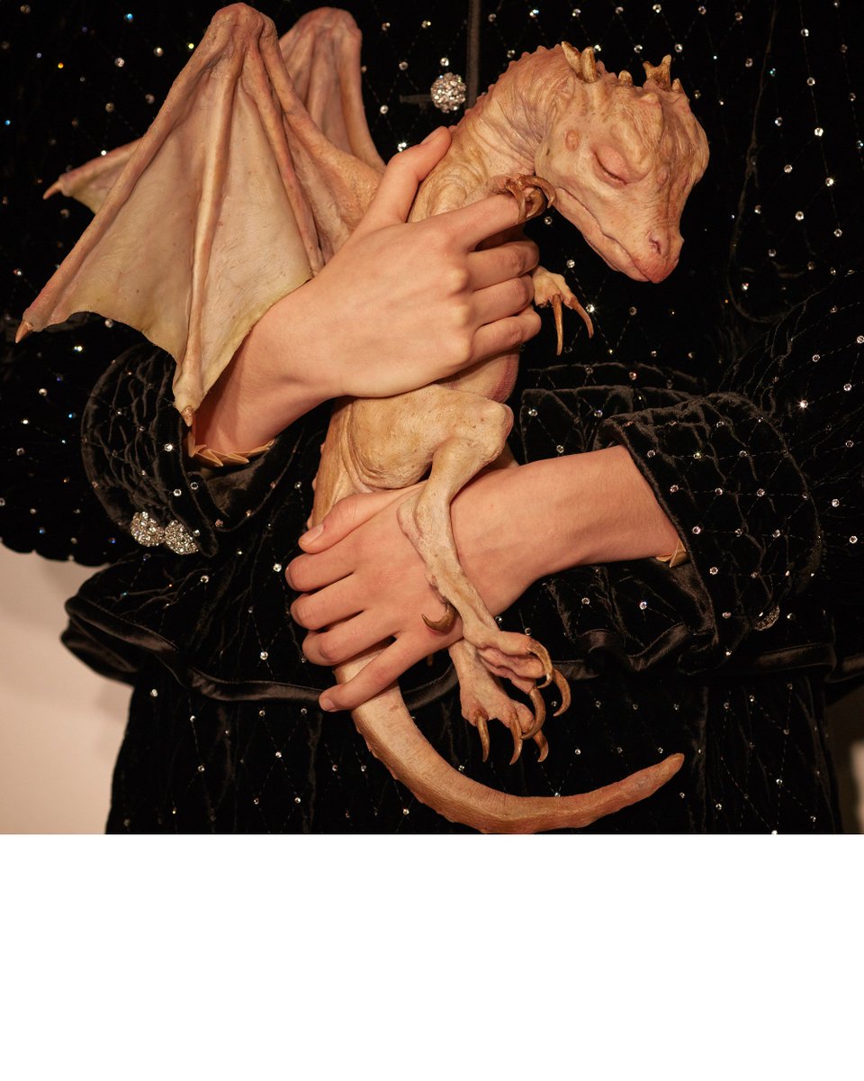gucci's tweet photo. Mysterious creatures: a model in a quilted velvet jacket carrying a dragon walks the #GucciFW18 show. Inspired by the ‘Legend of the baby dragon in the jar’, the real story of an author who staged finding a baby dragon in his garage in Oxfordshire, England. #makinariumsfxvfx #mfw https://t.co/bUUyG4sLpQ