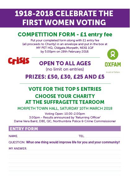 TeamMorpeth's tweet photo. Have you entered our competition yet?

#VotesForWomen centenary celebration with @EmilyInspires13 on 10th March in #Morpeth Town Hall. Vote for the best idea and choose whether your donations go to @oxfamGb or @crisis_uk 💚❤️ https://t.co/MIzYzM8VEm