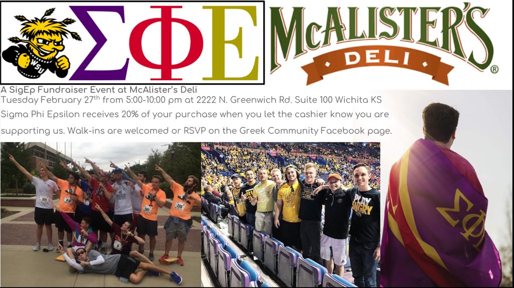 SigEpWichitaSt's tweet photo. Who doesn't like a delicious sandwich and supporting a fine organization? We hope to see you there Tuesday the 27th 5-10pm and remember to mention "SigEp", thank you to McAlister's for making this possible! https://t.co/SYBYGY5ak7