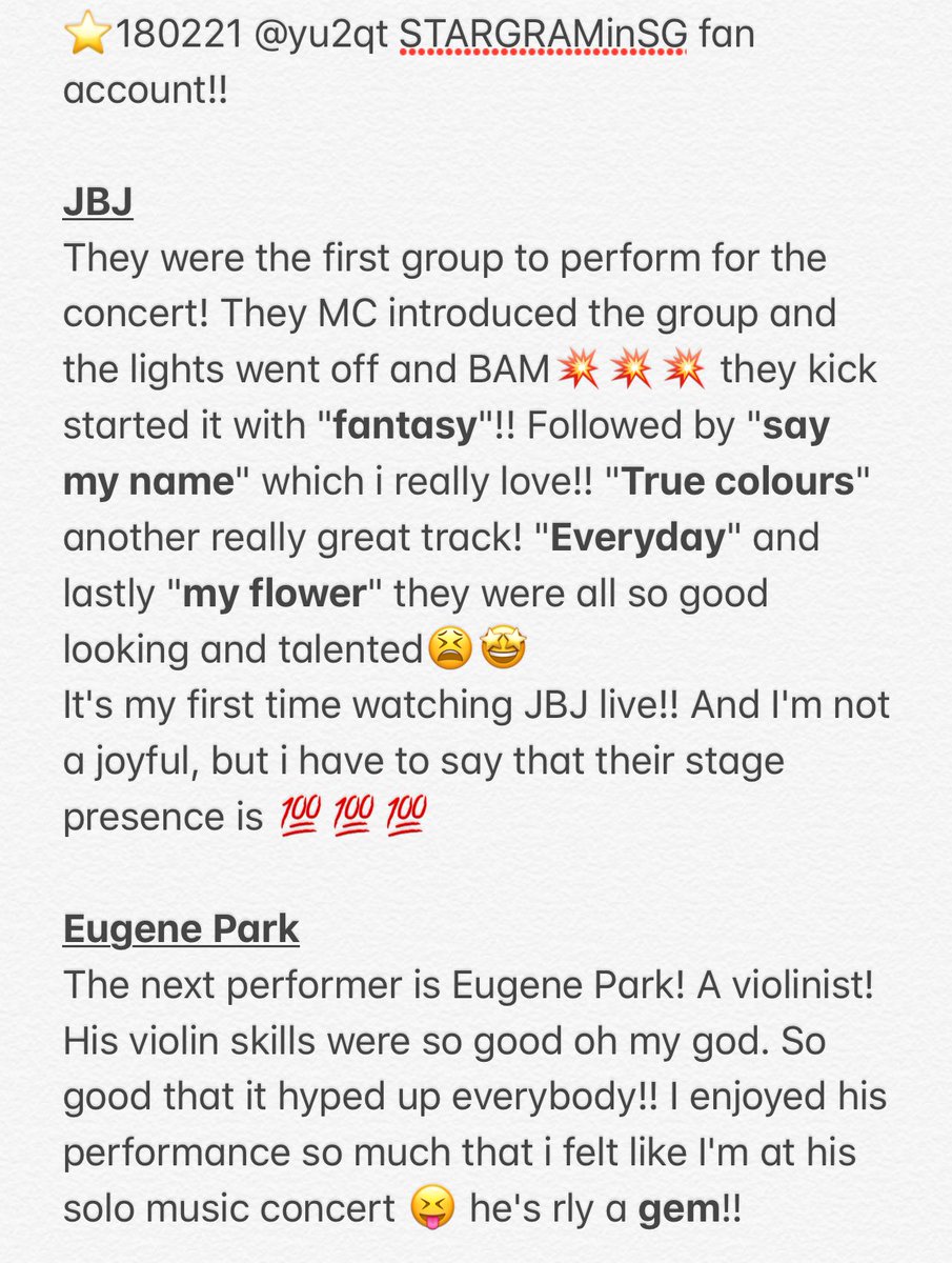 yu2qt's tweet photo. 180221 || STARGRAM in singapore Fan account!! 📝
#stargram #stargraminsg #stargramsg #JBJ #EXID #B1A4 #EUGENEPARK #KWAKDONGHYUN #OPTICALCREW https://t.co/xrXIJuGOXH