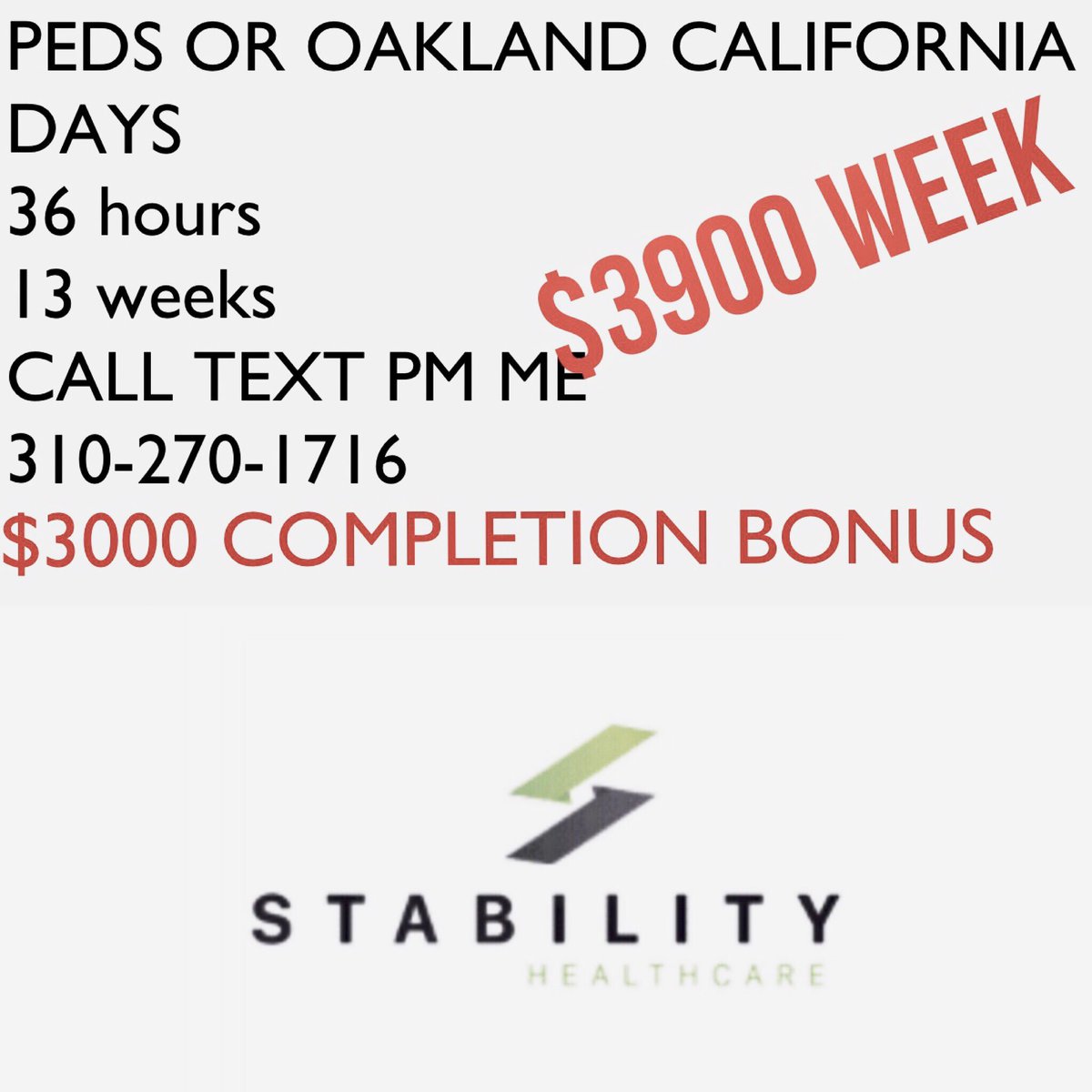 TRAVEL@NURSES 
HOT OPENING ~ PEDS OR IN OAKLAND CALIFORNIA
36 hours 
13 weeks 
CALL TEXT PM ME
310-270-1716
$3000 completion bonus