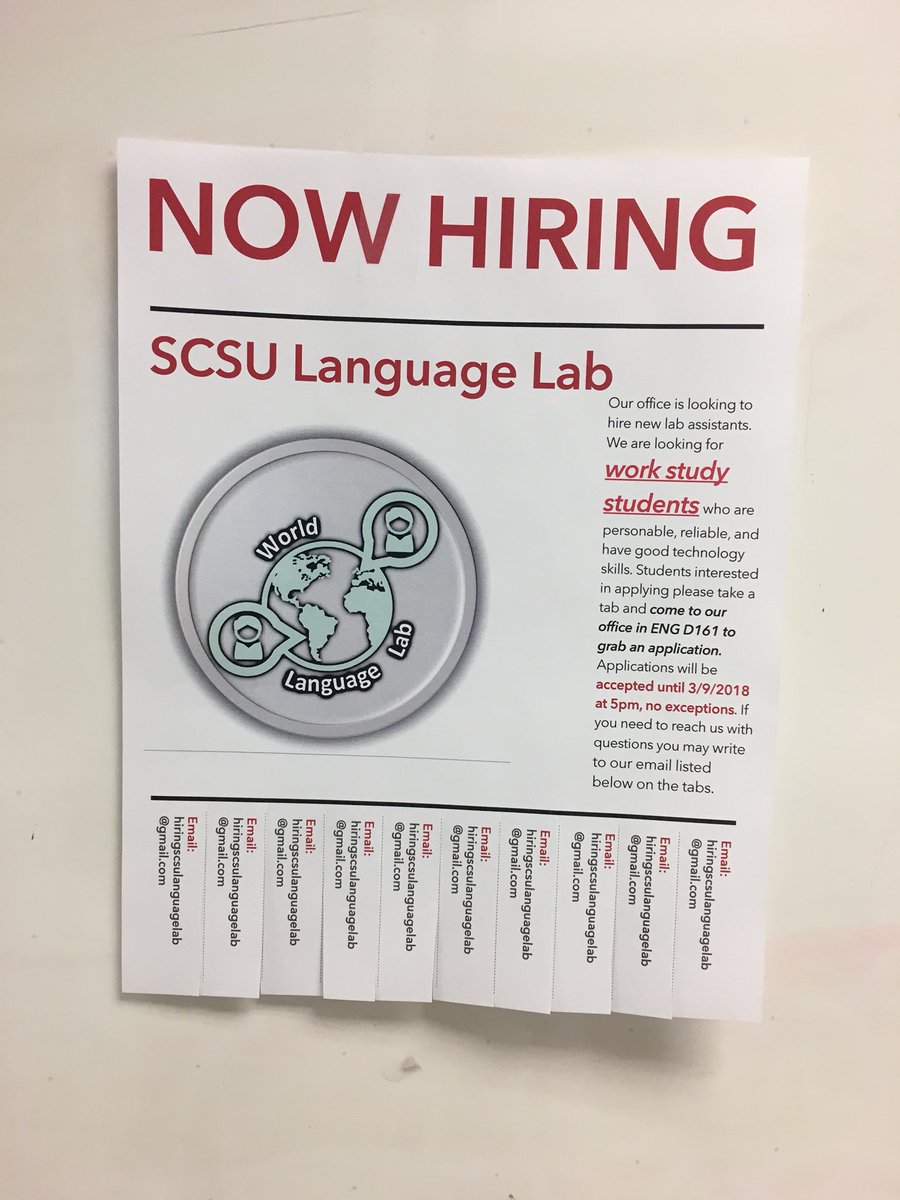 SCSULanguageLab's tweet image. If you’re interested in being a lab assistant, this is your opportunity. We are now accepting applications. Please have a look at the flyer. Make sure to read the fine print!