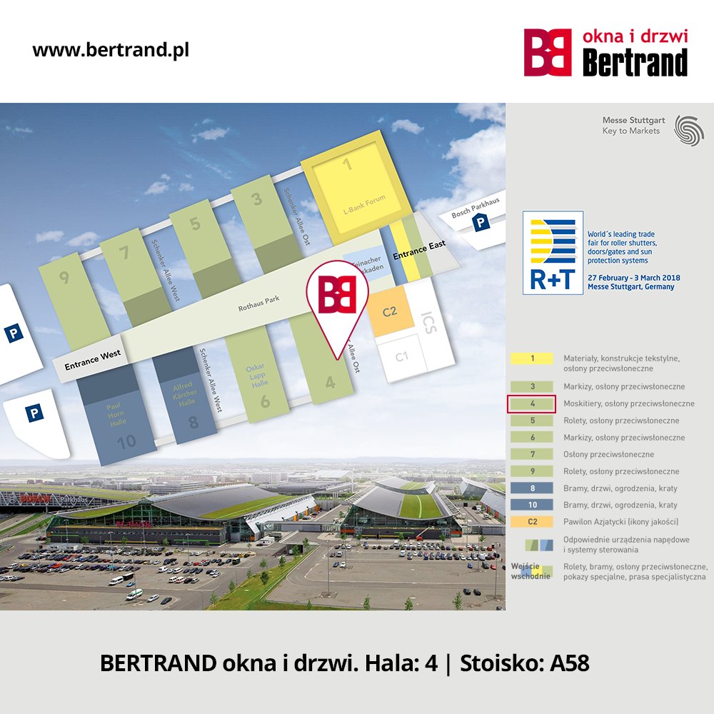 BraciaBertrand's tweet photo. Targi R+T w Stuttgarcie już za kilka dni. Przygotowaliśmy dla Was praktyczną mapę targów. Do zobaczenia.
#Bertrand #okna i drzwi. Hala: 4 | Stoisko: A58
#rtstuttgart #rtmesse #bertrandoknaidrzwi https://t.co/9kxRuLgNvn