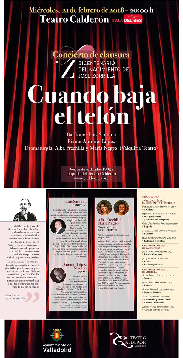 .<a href="/JoseZorrillaVLL/">José Zorrilla</a> cumple hoy sus 201 años en el <a href="/TCalderonVLL/">Teatro Calderón</a> con el concierto 'Cuando baja el telón', broche de oro de la celebración del bicentenario de su nacimiento, en #Valladolid <a href="/ValquiriaTeatro/">Valquiria Teatro</a> ow.ly/48uE30iwPQE