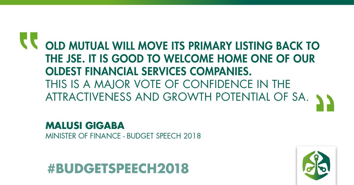 OldMutualSA's tweet photo. The minister welcomes the return of Old Mutual, which will have its primary listing on the JSE this year #BudgetSpeech2018 https://t.co/ujJn5lOwoV