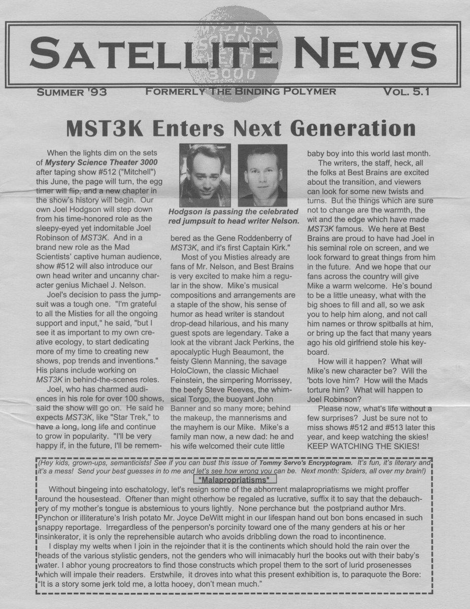 SentiDrift's tweet image. I remember feeling gut punched when I read this article in the summer of 1993. Luckily Mike Nelson rose to the occasion. MST3K Newsletter vol 5.1 - Summer 1993 #MST3K