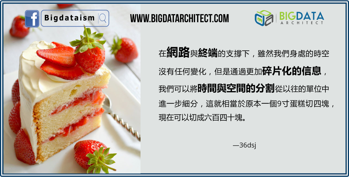 Bigdatarch's tweet photo. 在網路與終端的支撐下，雖然我們身處的時空沒有任何變化，但是通過更加碎片化的信息，我們可以將時間與空間的分割從以往的單位中進一步細分，這就相當於原本一個9寸蛋糕切四塊，現在可以切成六百四十塊 #BigData | #Tech | #AI | #internet | #數據 | #人工智能 | #區塊鏈 | #比特幣 | #smart | https://t.co/OuHvGBGAkW