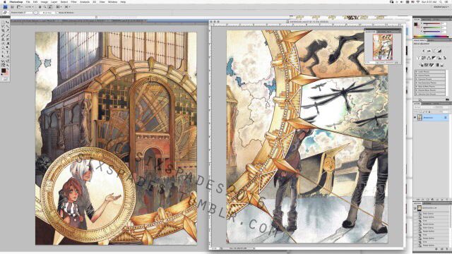 art_spades's tweet photo. The Girl With No Name, p. 48-49 WIPs, watercolor &amp; digital. Since this is my first big comic project I’m going all out with the art. #gwnn #thegirlwithnoname #themessisintheprocess #originalcomic #originalart #artboner #station #anju #kamon #artdeco #airship #wip #architecture https://t.co/dvduZ0Z312
