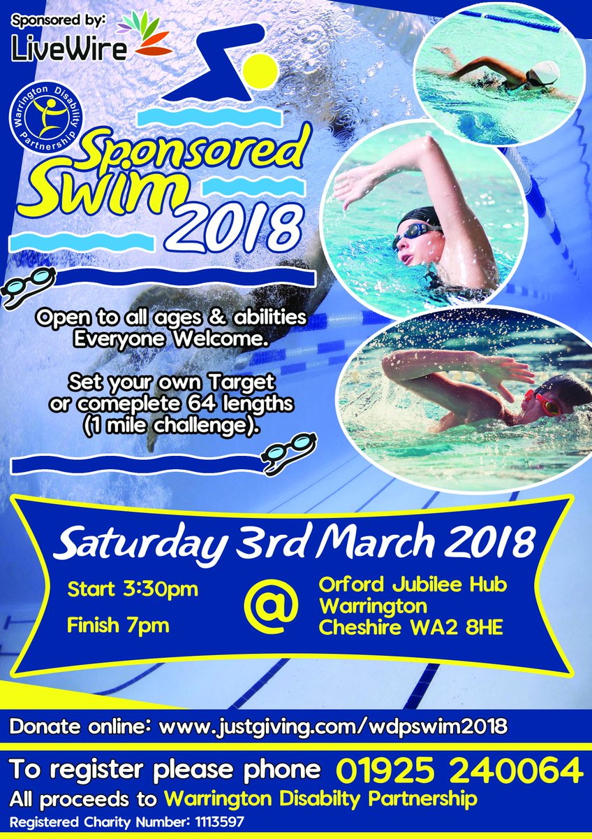 Enjoy swimming? Want to help Warrington Disability Partnership raise some money? There is still time to join us at the sponsored swim and set your own challenge - call 01925 240064 to get your application pack now!🏊‍♂️ #Warrington #sports