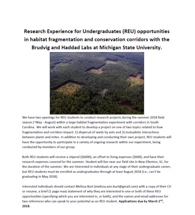 The Corridor Project (@srscorridor) on Twitter photo Applications for our Summer 2018 <a href="/SRScorridor/">The Corridor Project</a> #NSF REU postitions due March 2nd. Please share with undergrads that should apply! #undergradresearch #corridors #ants #mites #ecology Applications for our Summer 2018 <a href="/SRScorridor/">The Corridor Project</a> #NSF REU postitions due March 2nd. Please share with undergrads that should apply! #undergradresearch #corridors #ants #mites #ecology