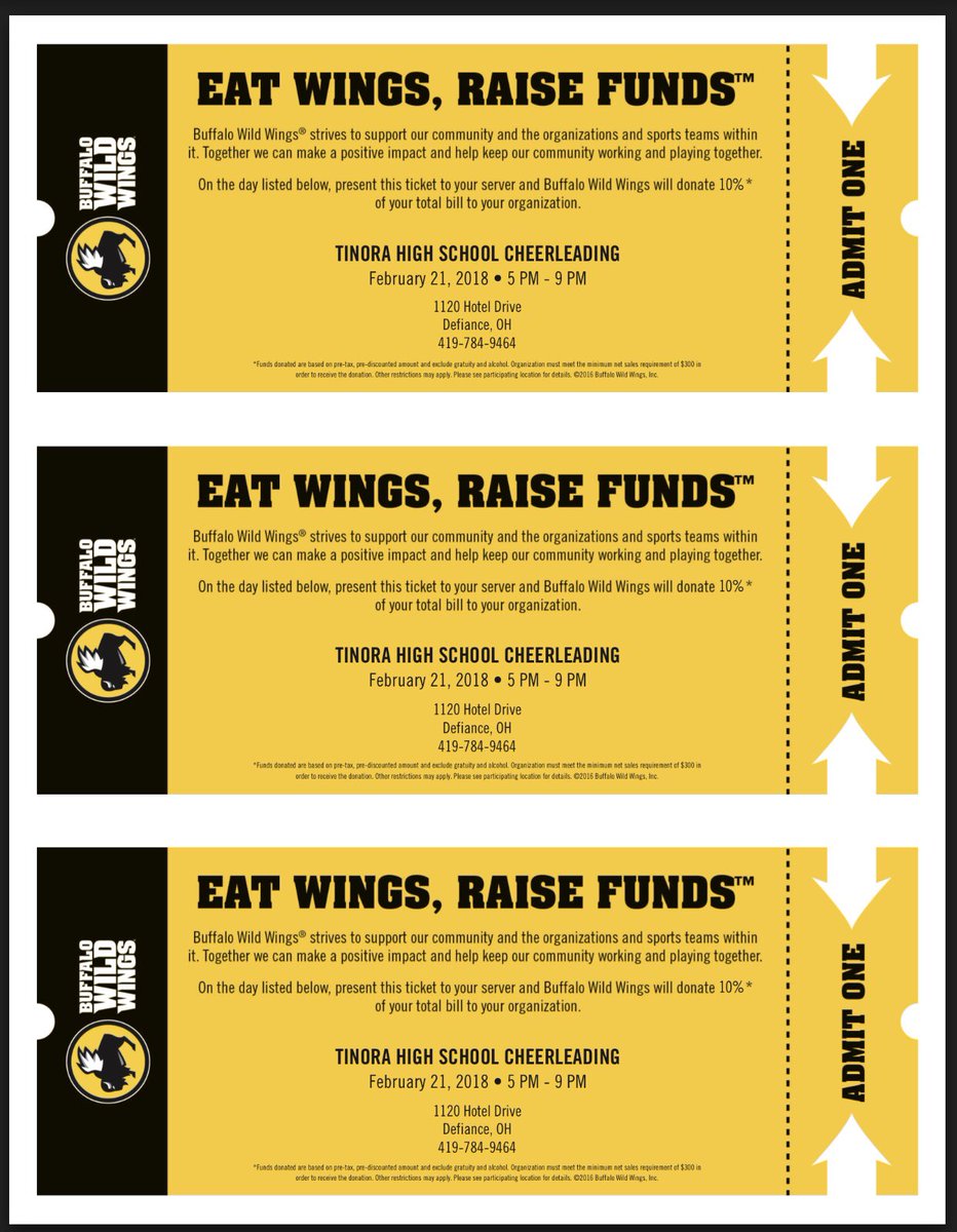 Join the cheerleaders tonight from 5:00 – 9:00 p.m. at Buffalo Wild Wings. 10% of the total net sales will be donated to the cheerleaders! You’ll need to present a coupon at the time of service. 

RT and spread the word! Eligible on take out orders 👍🏻