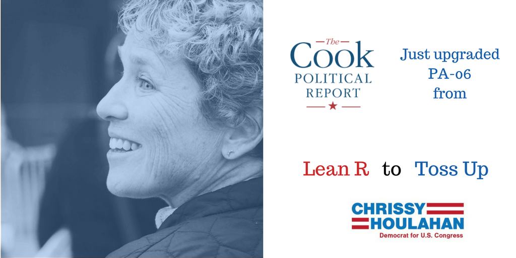 HoulahanForPa's tweet photo. Exciting news! The Cook Political Report just upgraded our race in PA-06 to toss-up!

We can flip this seat in November but need your help. Please sign up to join our team at https://t.co/oQWTgTsKBH https://t.co/q6RsltxbiC