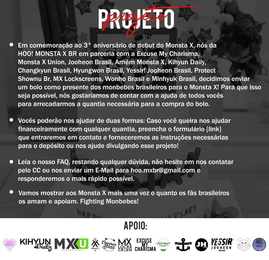 HooMonstaXBR's tweet photo. [🎂] Projeto para o 3° aniversário do #MONSTA_X ❤️
Formulário: https://t.co/Bn2PSZiRvG https://t.co/rgJwKswejf
