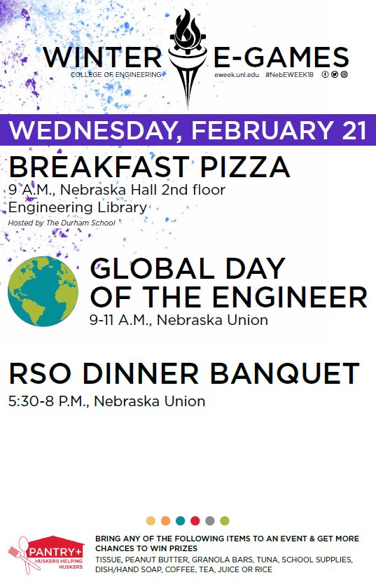 UNLeSAB's tweet photo. Happy Wednesday! Is E-Week already halfway done?! Or is E-Week only halfway through! Whether your glass is half full or half empty, you won't go hungry with breakfast pizza this morning in Nebraska Hall! #NebEWeek18 https://t.co/Ck8pg8QVFd