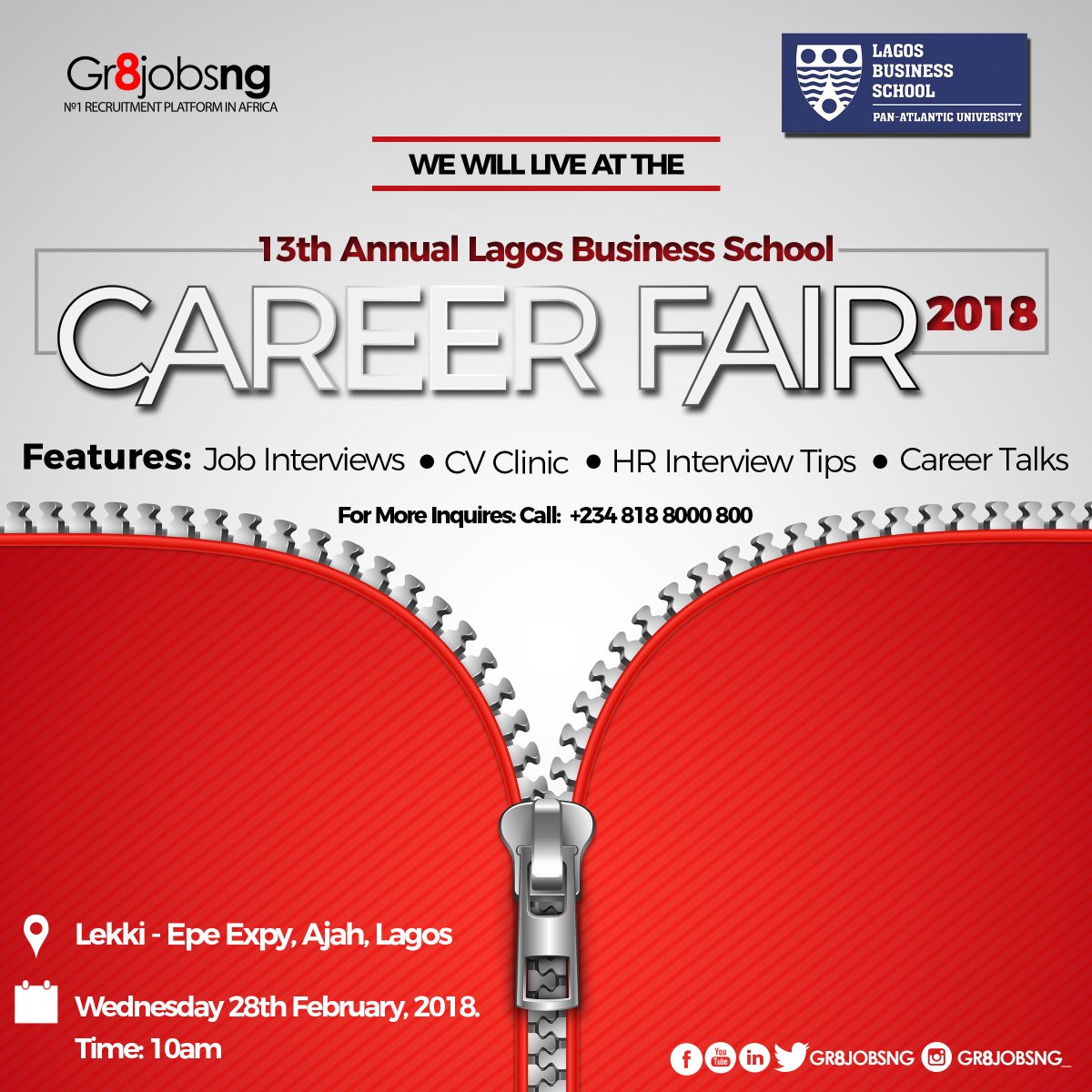 Gr8jobsng will be live @lbsnigeria 13th annual career fair 2018
With a lot of features which includes #jobinterview, #cvclinic, #hrinterview, #careertalk . Join us.
@enase_okonedo @iesebschool @ieseg_school @ipade_business_school @mdebizschool @nanyangbizschool @cipmnigeria