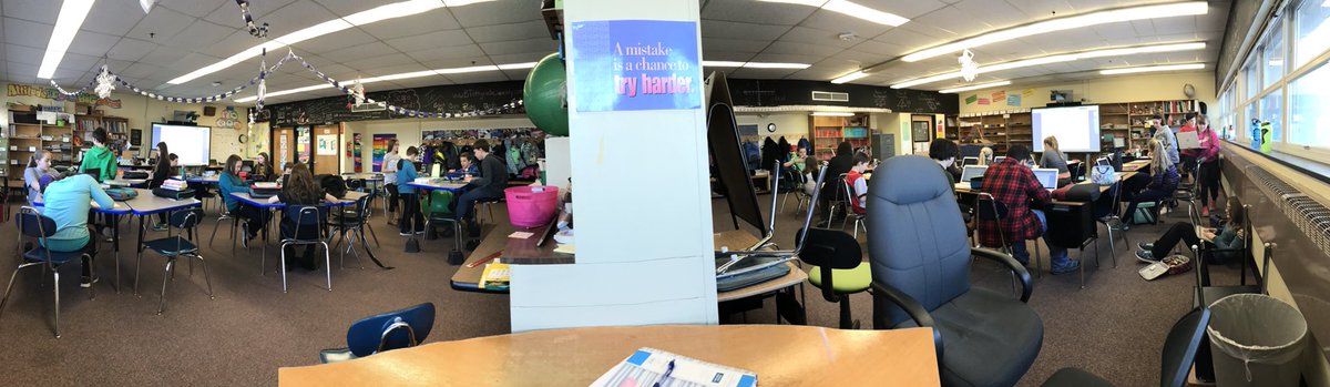 Jessvanorman's tweet photo. One teacher, covering two classrooms simultaneously- all possible and EASY because our kids are awesome and they are engaged in the ELA/GEO project on @Flipgrid 💪🏻 @StefanieKingze1 this was a great idea! #bsupride #btmes #vted #vtedtech https://t.co/joRWQUZlaU