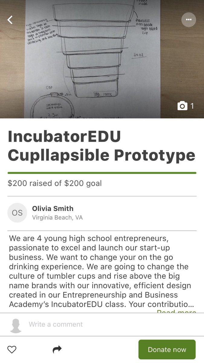 cupllapsible's tweet photo. Cupllapsible is so excited to announce that we have reached our $200 goal on gofundme! Thanks to everyone who made this possible for us! Off to prototyping!! https://t.co/9zXximRHyg