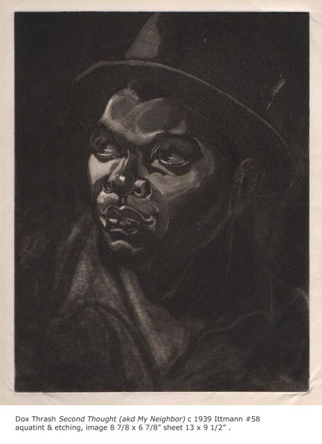 On now: 'Dox Thrash, Black Life and the Carborundum Mezzotint' @PalmerMuseum Penn State, 16 January - 20 May 2018.

Image: Dox Thrash (1893-1965), 'Second Thought' (aka. My Neighbour), c.1939, aquatint and etching.