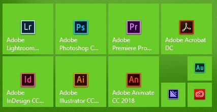 pasarin's tweet photo. How to make your #windows10 start menu even cleaner? Install @EdgeTileCreator and make custom tiles. Here's my #adobe @creativecloud folder before and after. Much easier to read and launch the proper app! https://t.co/d9Y1YtfsJx