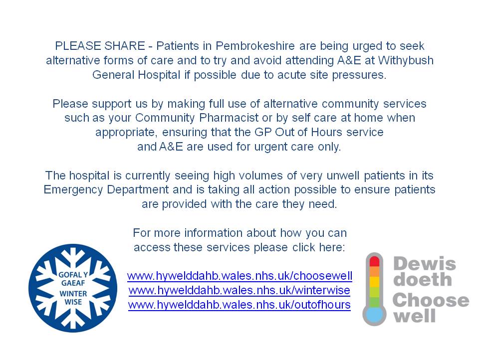 HywelDdaHB's tweet photo. Please share. Please support us by making full use of alternative community services such as your Community Pharmacist or by self care at home when appropriate, ensuring that the GP Out of Hours service and A&amp;E are used for urgent care only. https://t.co/M5IQdP983Q