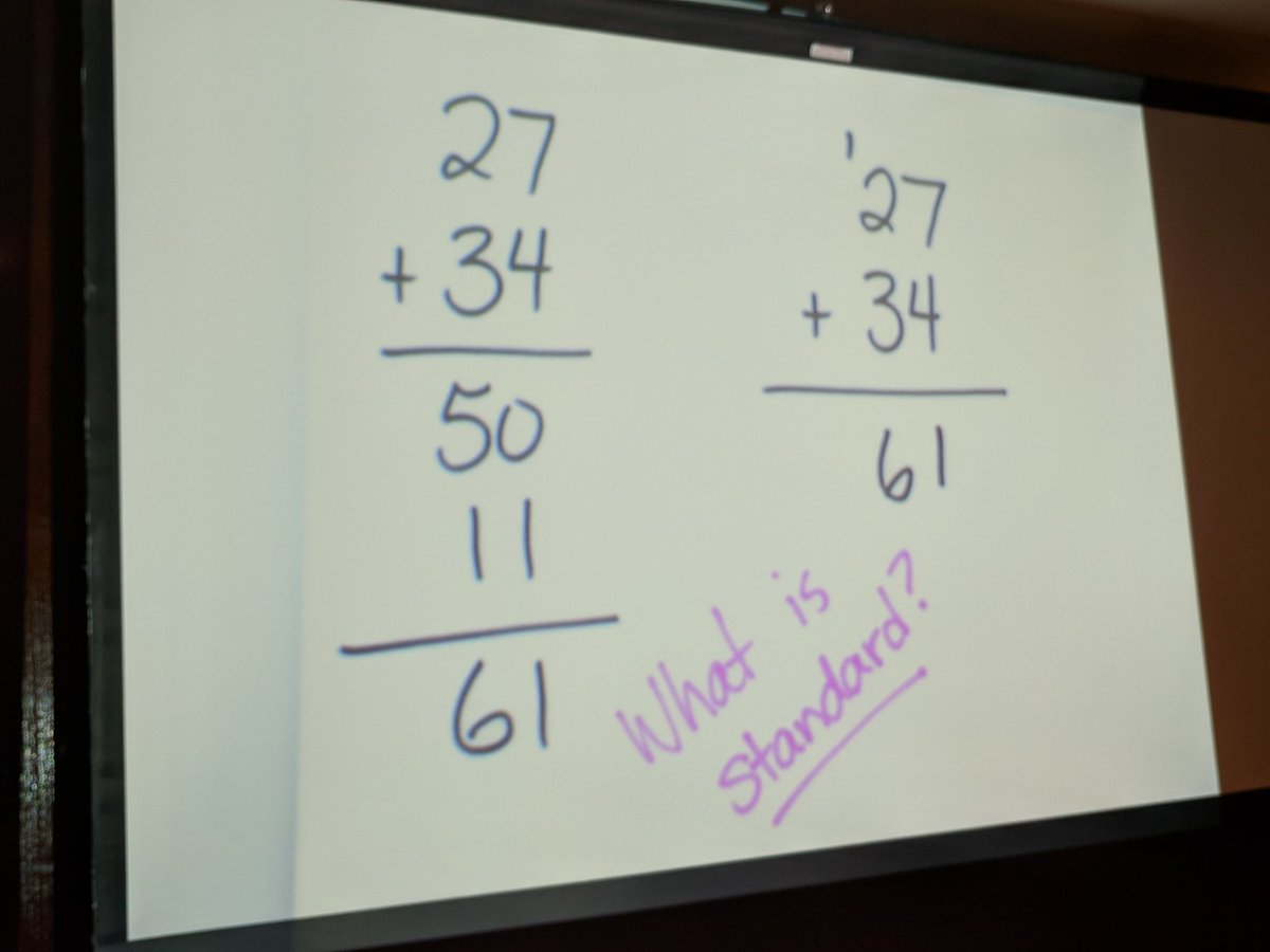 VArseneau's tweet photo. Great question: 'What is standard?' Who decides? In what ways can we promote flexibility with number? #MLNTO #EngageMath https://t.co/0uu22Pq2fS