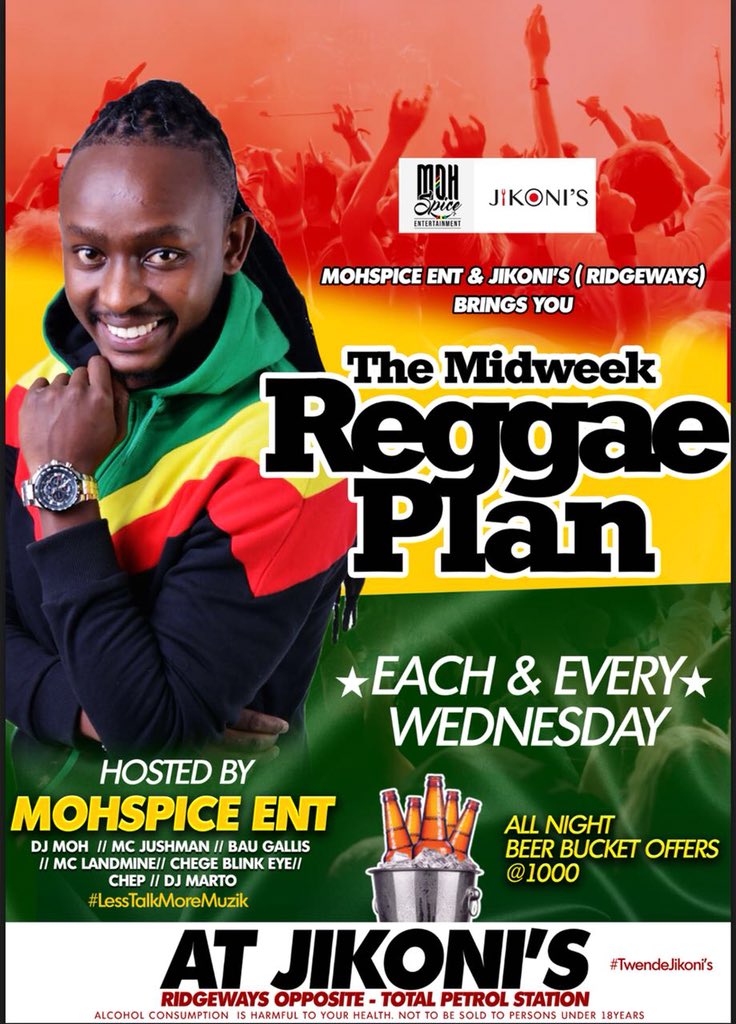 mohspice's tweet photo. Each and Every Wednesday we present to you THE MIDWEEK REGGAE PLAN at @jikoni_s ..Enjoy smooth reggae vibes with your favorite beer bucket at 1000 bob only! #MidweekReggaePlan #LessTalkMoreMuzik #TwendeJikonis https://t.co/CeFBmkVaFe