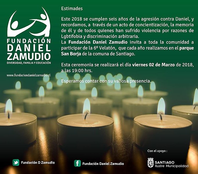 A 6 años de la agresión contra Daniel Zamudio, queremos invitarlxs a sumarse a la velatón que se llevará a cabo el día viernes 2 de marzo a las 19:00hrs. en el Parque San Borja.

Lxs esperamos.
<a href="/FrenteDS/">Frente Diversidad Sexual y de Género</a> <a href="/visiblevisibles/">VisiBLES</a>
<a href="/fdanielzamudio/">Fundación D Zamudio</a>

 #ContigoSumamosMás