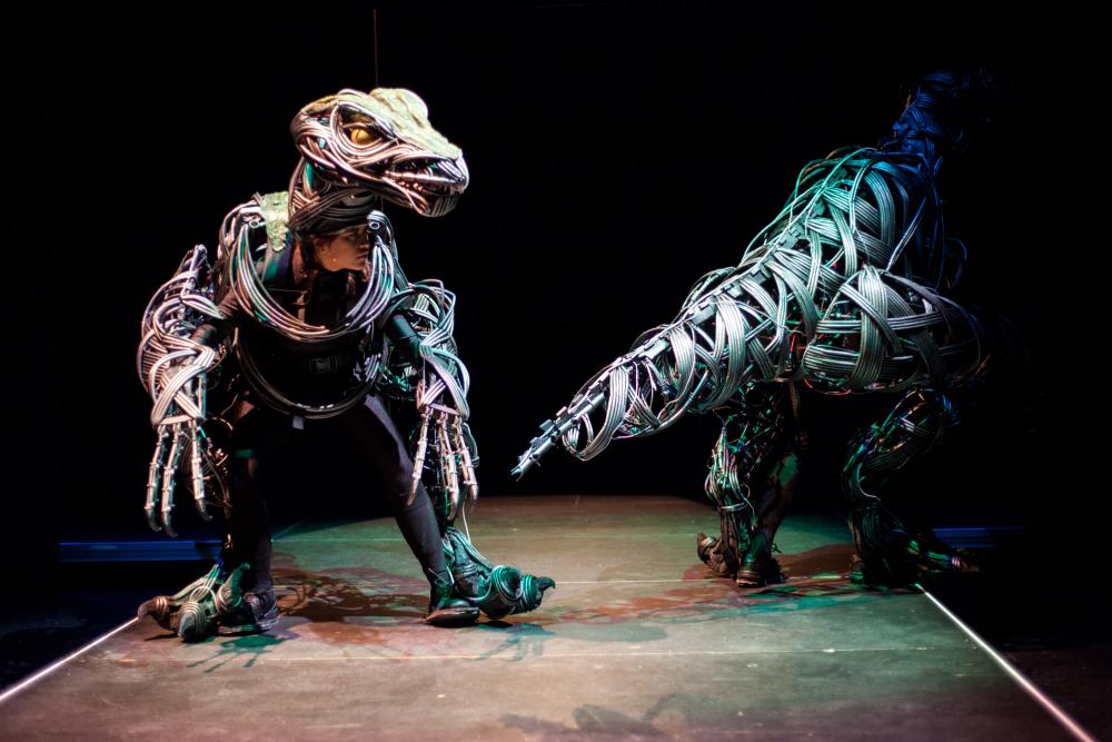 FineArtsUT's tweet photo. #UTENRON opens tonight! Find out what went into creating those incredible animatronic #raptor suits. @uttad https://t.co/ONHtEIaTEM https://t.co/iGveX89b0h