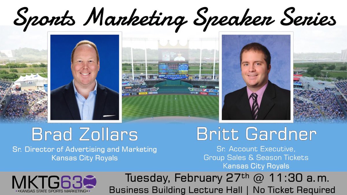 KSUSportsMC's tweet photo. Join us February 27th in BB1088 at 11:30 AM for Brad Zollars and Britt Gardner from the Kansas City Royals! https://t.co/zjRtM8NhIg