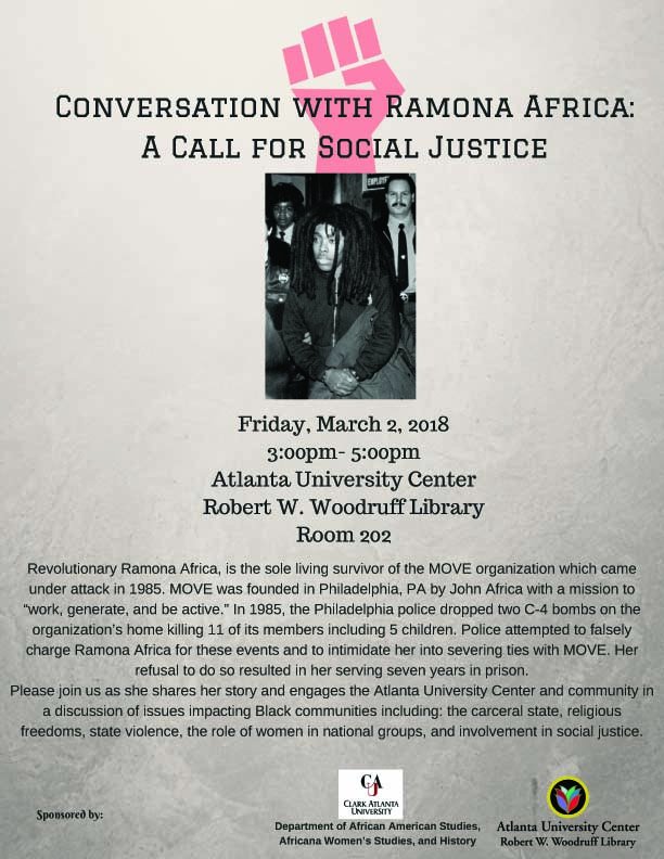 auc_woodruff's tweet photo. Please join Clark Atlanta University and the Archives Research Center at the AUC Woodruff Library as we host revolutionary, Ramona Africa of the MOVE organization. @CAU @spelmanlane @Morehouse @ITCEducation https://t.co/qvSmMSdlE7