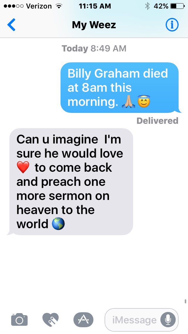 truthspit's tweet photo. My moms response about the news of @BillyGraham changing addresses this morning. https://t.co/tTFw21Mz65