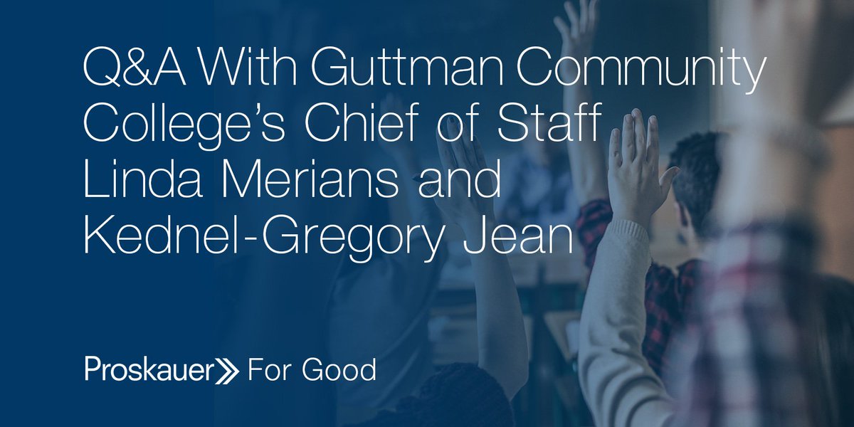 Proskauer4Good's tweet photo. Learn about @guttmancc’s unique education model and longstanding relationship with Proskauer in our latest #ForGood blog post Q&amp;A with Guttman leaders Linda Merians &amp; Kednal Gregory-Jean: https://t.co/lCGpzasD8F https://t.co/34sej806QT
