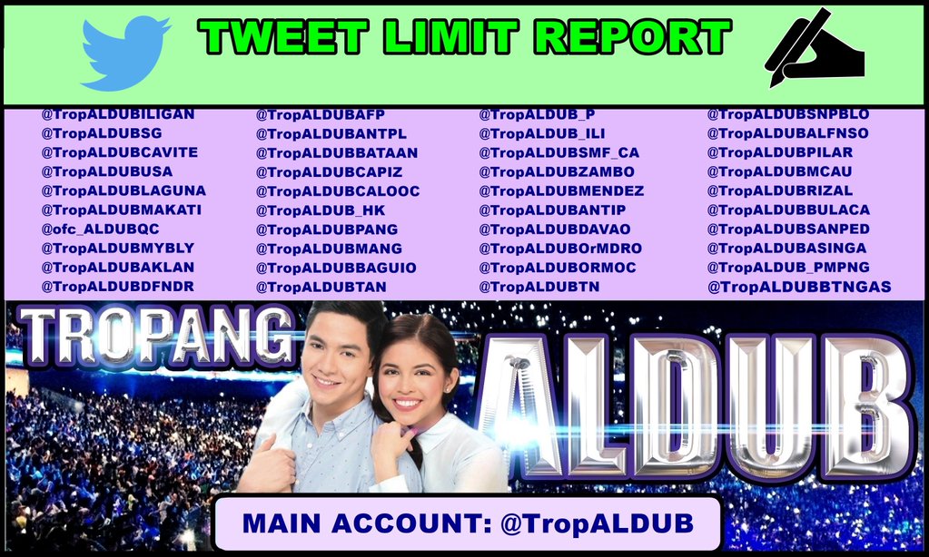 <a href="/TropALDUB/">TROPANG ALDUB ᴬᴰᴺ</a> Tweet Limit Report
👉ALDUBLoveKeepsUsAlive 
#ALDUB136thWeeksary
ICW 👉 <a href="/AIFam16/">Ang SALTIK Infinity</a> <a href="/dimog_emilia/">Mamu D. Saltik</a> 
<a href="/NYLERAHC/">🤟🐧🦁🐢 PERAYA🚨#SQ👊😒ELYEN👽(WeArePERAYA)</a> <a href="/niqujade/">Jadee (❁´◡`❁)</a> 
<a href="/myrene40/">🌺Marimye🌺</a> <a href="/fdnicholas51/">Flor Nicolas</a> 
<a href="/vinecare02/">🌻vine d. saltik🍀</a> <a href="/joana_0626/">🌺DIVINE🌺EXO♥️ EXOL We Are One! 🌹</a> 
<a href="/chelmendoza13/">¢нєℓ 💚 ᴬᴰᴺ</a> <a href="/Hime_Christine/">Christine 💁‍♀️</a> 
<a href="/iam_ginghs/">🦔 💕MyeS🎀</a> <a href="/thebarakogirl/">BG 🦀</a>